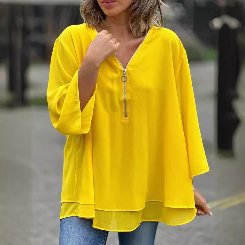 Lola - V-Neck Flowy Zipped Top