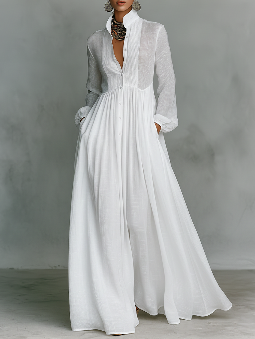 Veronica | Minimalist Cotton and Linen Maxi Dress with Patchwork, High Collar, and Long Sleeves