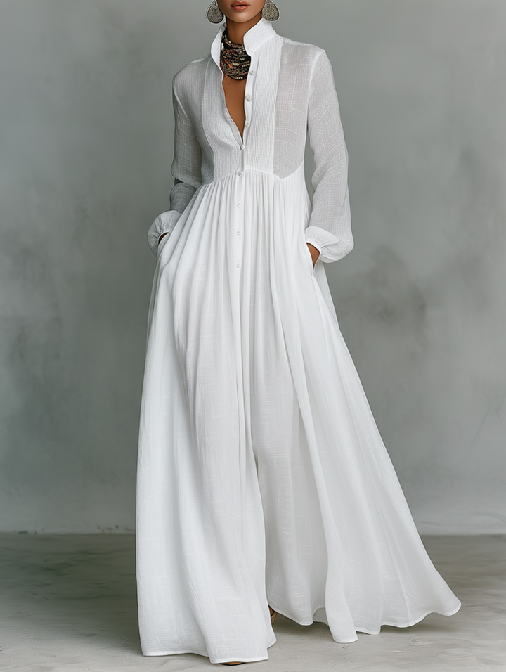 Veronica | Minimalist Cotton and Linen Maxi Dress with Patchwork, High Collar, and Long Sleeves