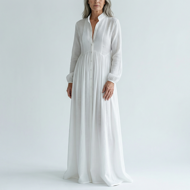 Veronica | Minimalist Cotton and Linen Maxi Dress with Patchwork, High Collar, and Long Sleeves