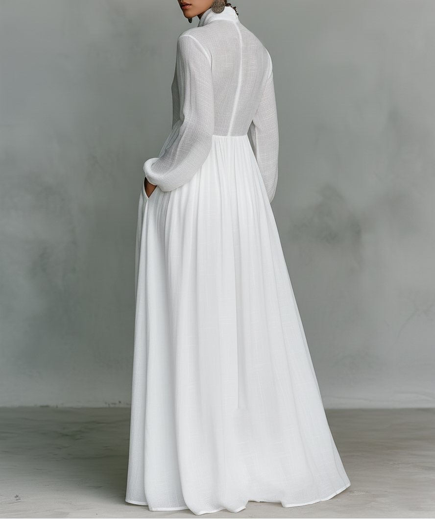 Veronica | Minimalist Cotton and Linen Maxi Dress with Patchwork, High Collar, and Long Sleeves