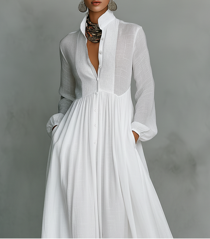 Veronica | Minimalist Cotton and Linen Maxi Dress with Patchwork, High Collar, and Long Sleeves