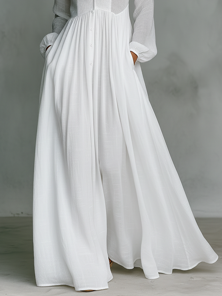Veronica | Minimalist Cotton and Linen Maxi Dress with Patchwork, High Collar, and Long Sleeves