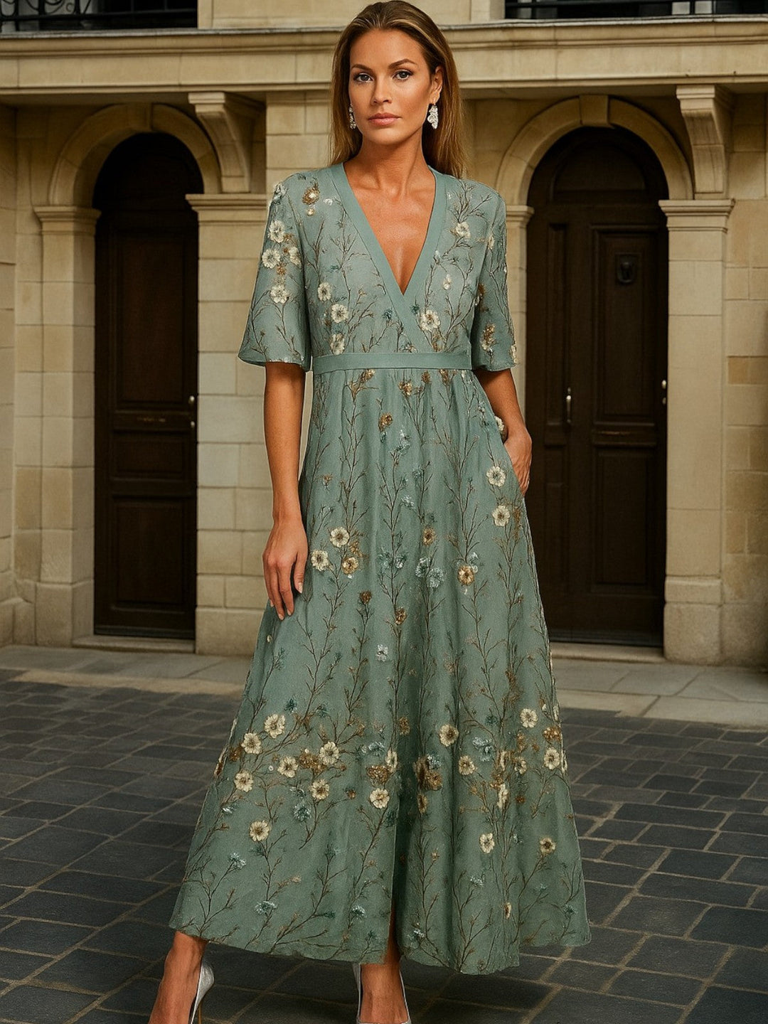 Hazel | Stylish V-Neck Bohemian Dress with Belt